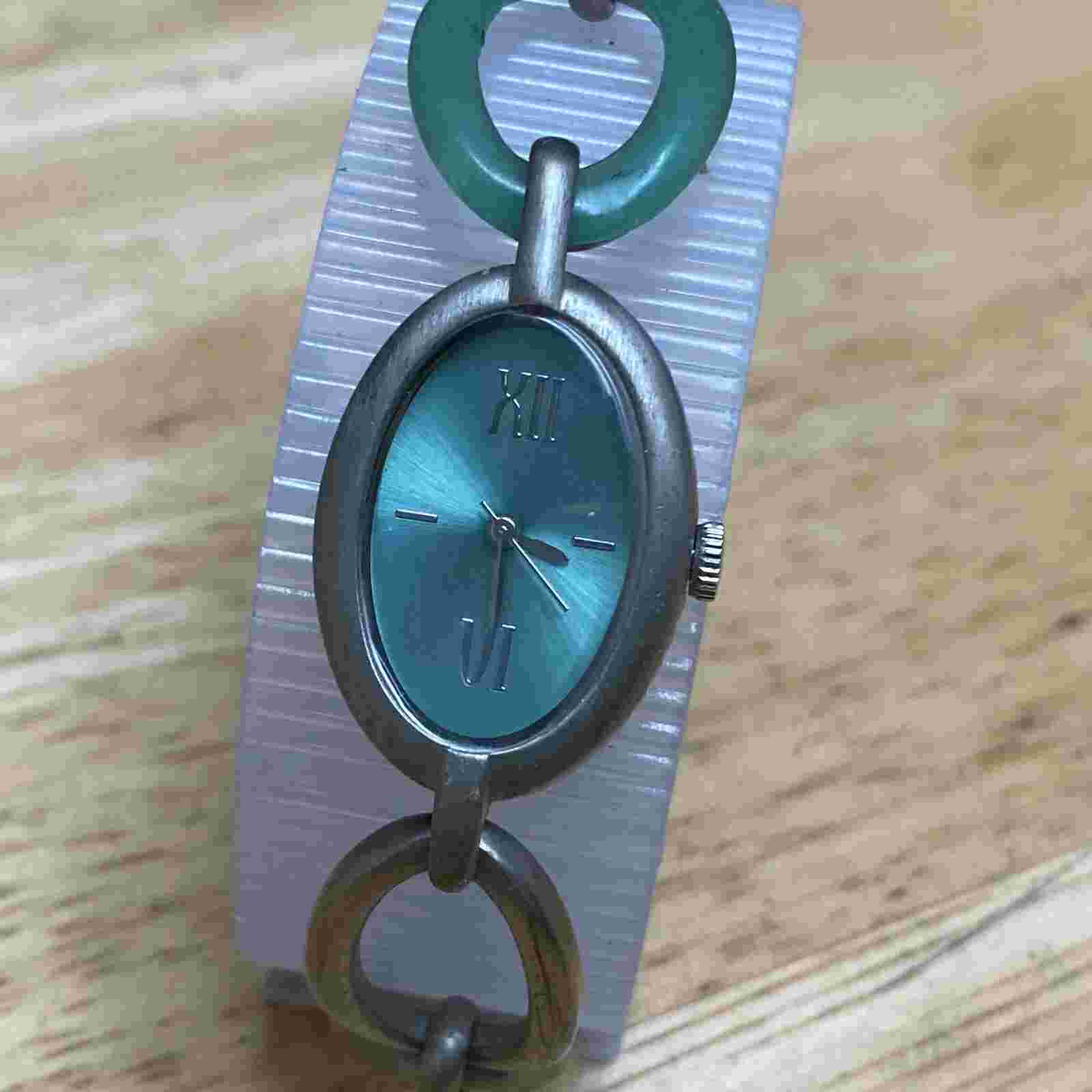 VTG J Jill Lady Silver Green Oval Chain Bracelet Analog Quartz Watch~New Battery