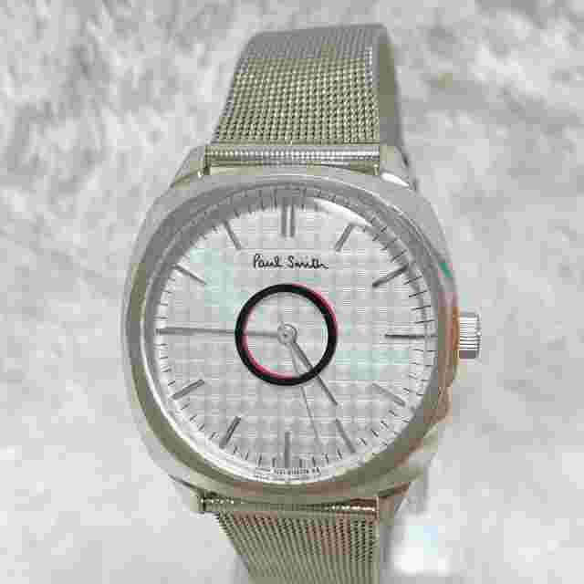 PAUL SMITH SOLAR WRISTWATCH UNISEX MESH BAND SILVER ROUND FACE DIAL COLOR: WHITE