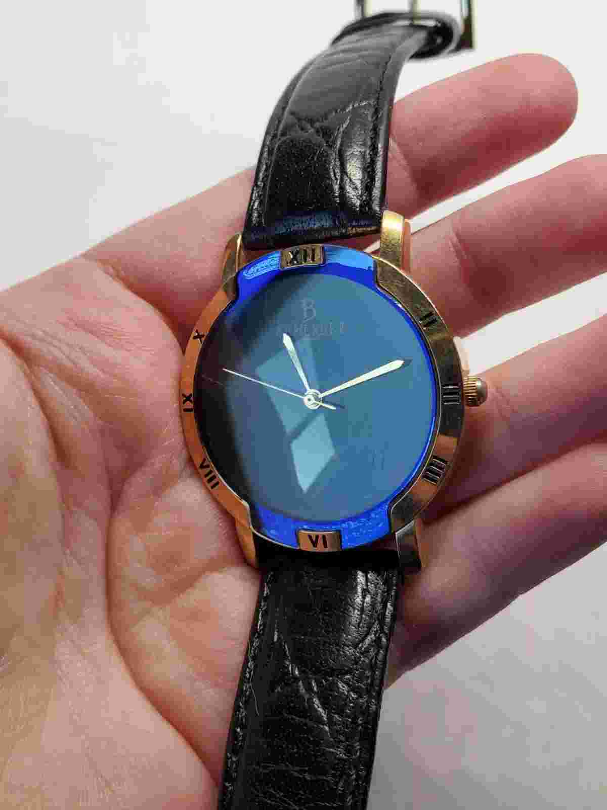 Berenger Blue Gold Case Black Leather Wristwatch Not Running