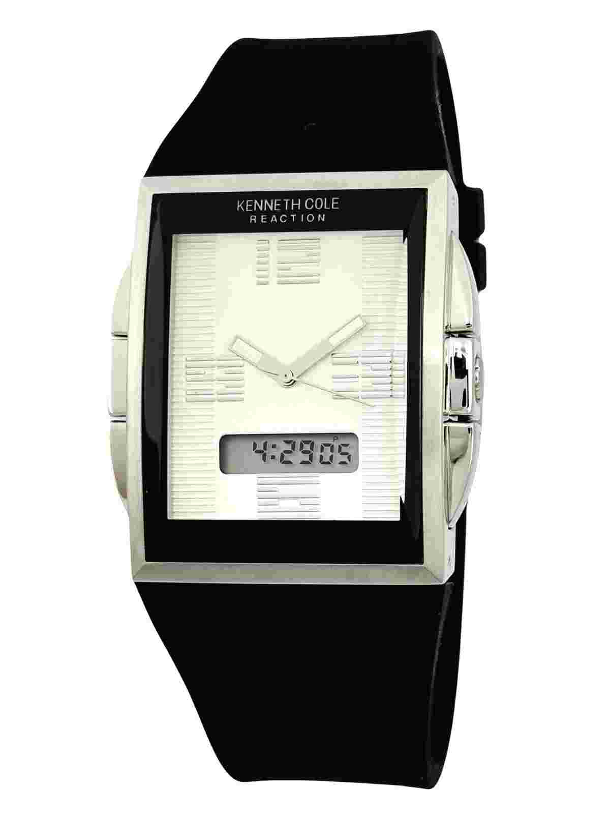 Kenneth Cole KC1375 Rectangle Dual Time Analog & Digital Silicon Blk Strap Watch