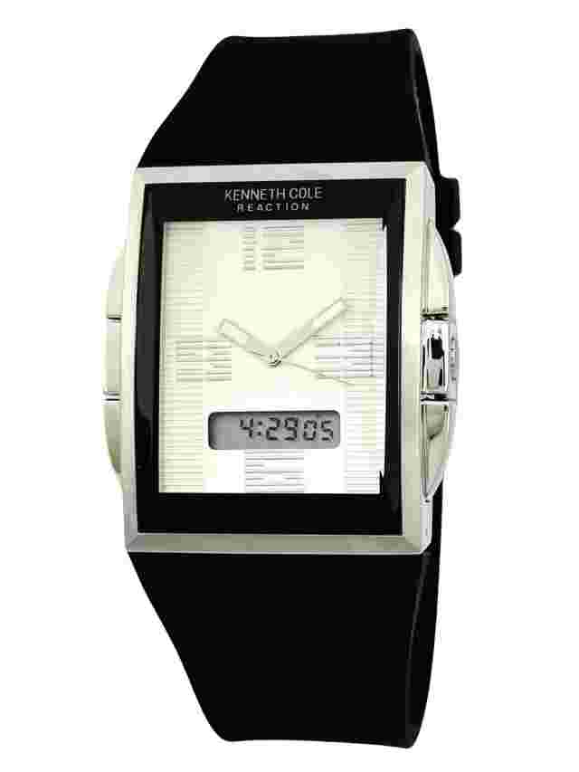 Kenneth Cole KC1375 Rectangle Dual Time Analog & Digital Silicon Blk Strap Watch