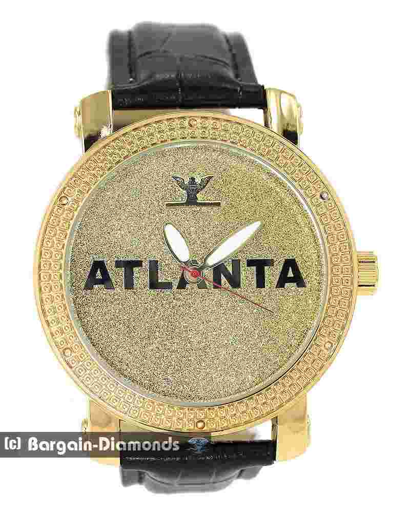 Mens ATLANTA Natural Diamond Gold tone Clubbing Watch Bling Dial 8.5" Leather