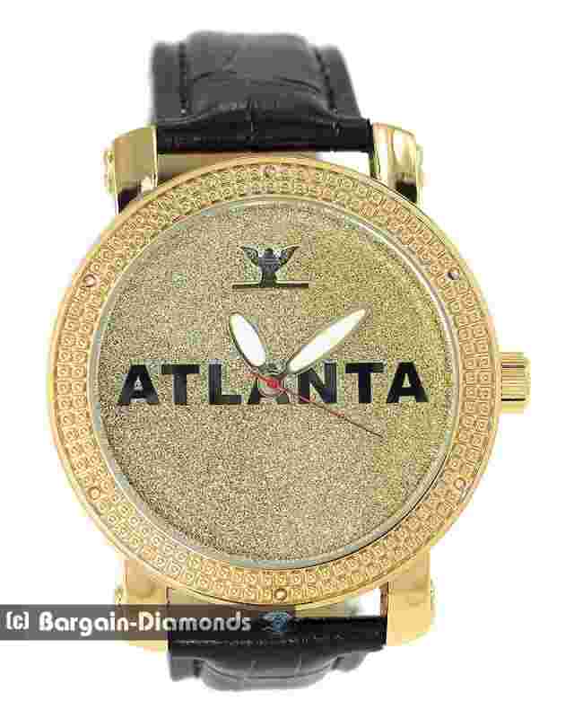 Mens ATLANTA Natural Diamond Gold tone Clubbing Watch Bling Dial 8.5" Leather