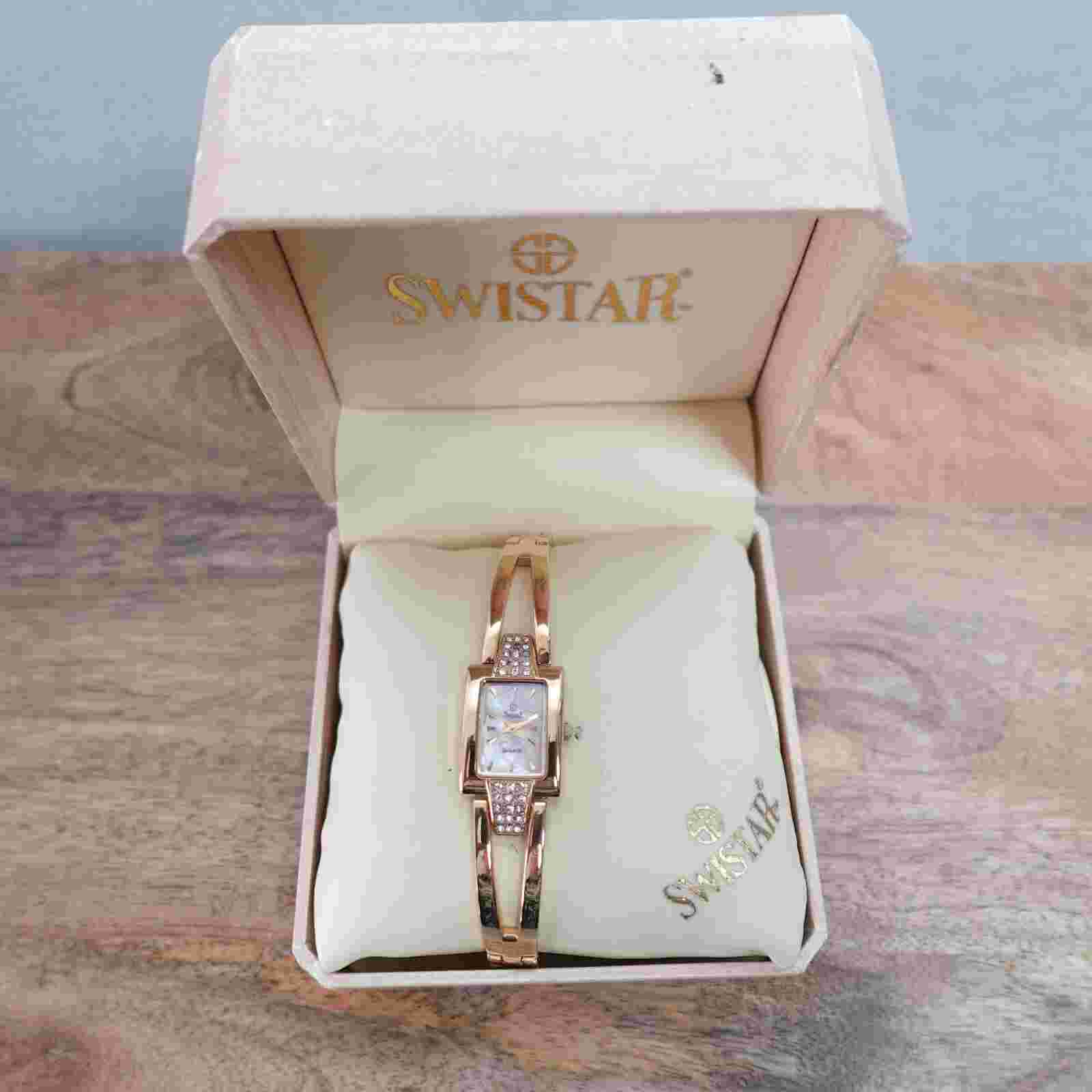 Vtg Swistar Watch 23K Electroplated Gold Crystal Gems 17mm Rectangle