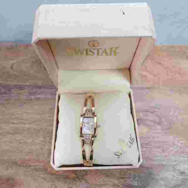 Vtg Swistar Watch 23K Electroplated Gold Crystal Gems 17mm Rectangle