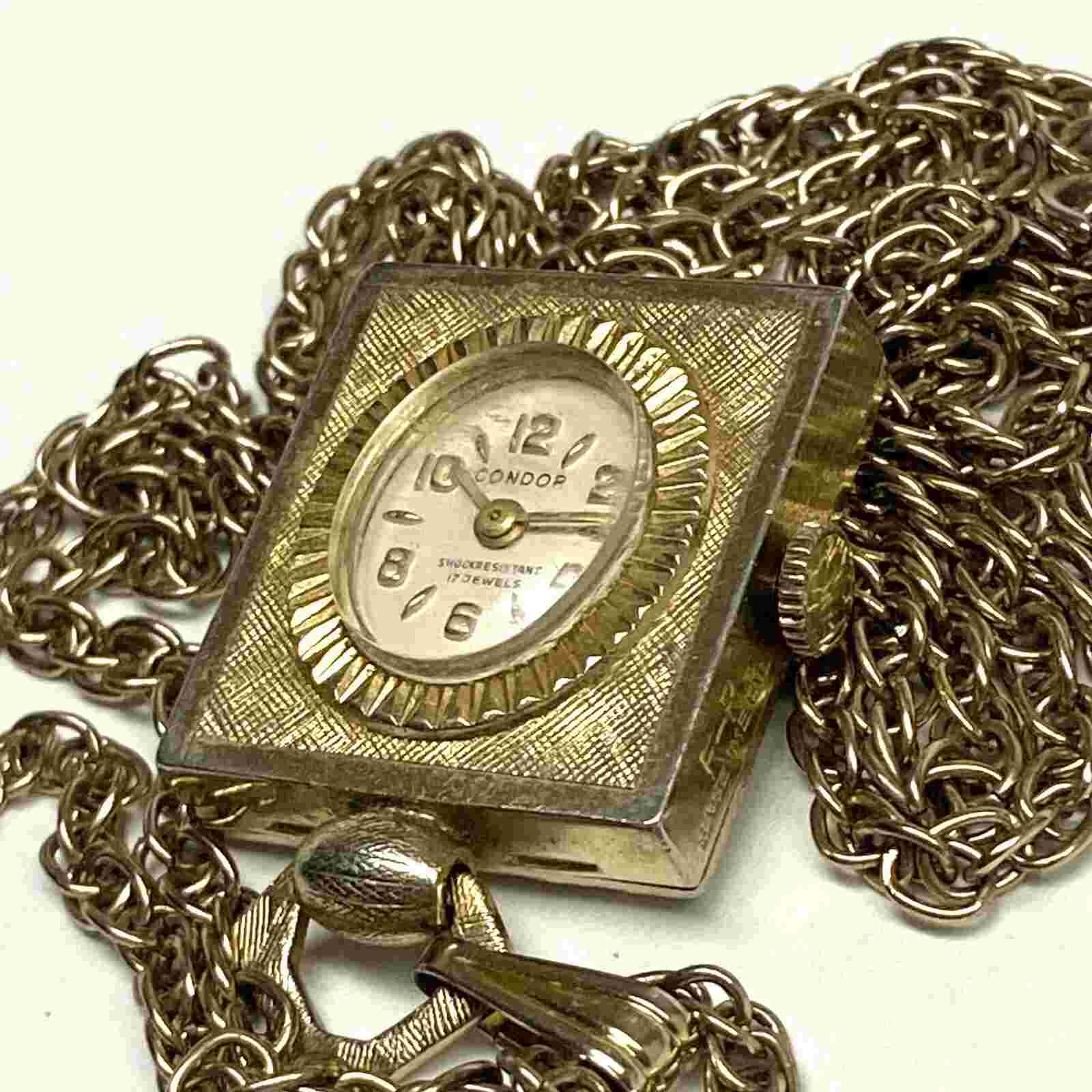 Condor Vintage Pendant Watch Gold Tone 17 Jewel Hand Wind w/ 36” Necklace Chain