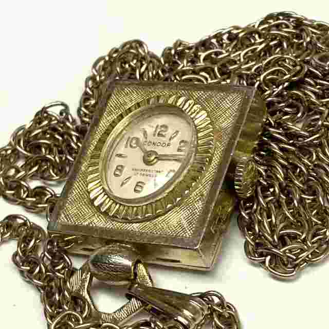 Condor Vintage Pendant Watch Gold Tone 17 Jewel Hand Wind w/ 36” Necklace Chain