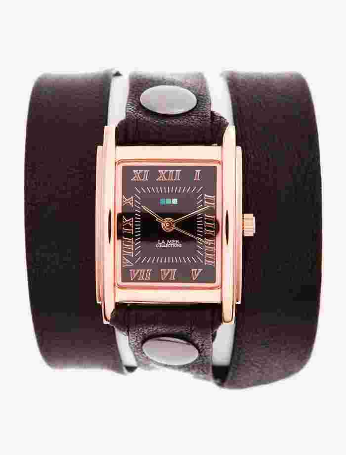 LA MER Watch Simple Black  Leather Wrap Rose Gold Square Black Dial