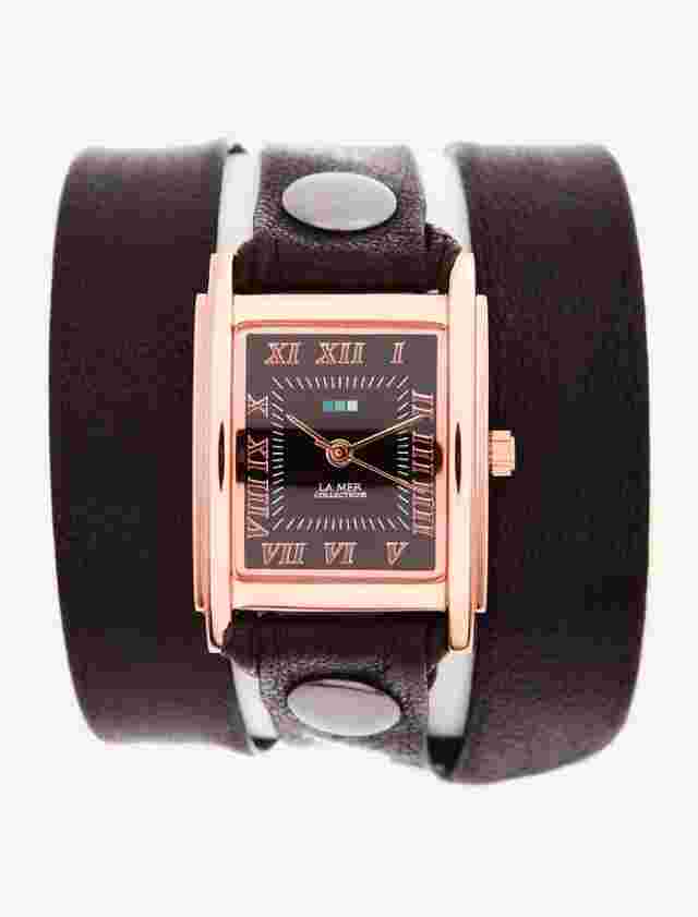 LA MER Watch Simple Black  Leather Wrap Rose Gold Square Black Dial