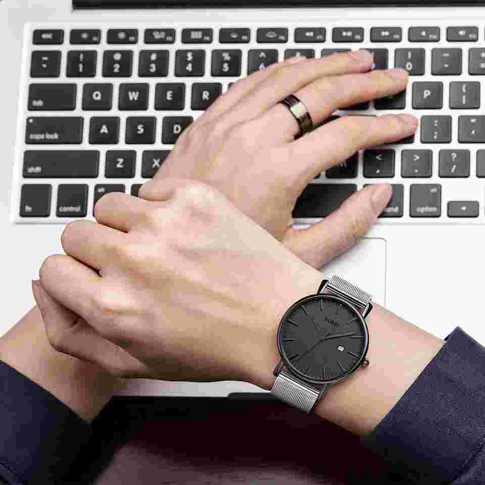 Men's Fashion Minimalist Wrist Watch Analog Date with Stainless Steel Mesh Ba...
