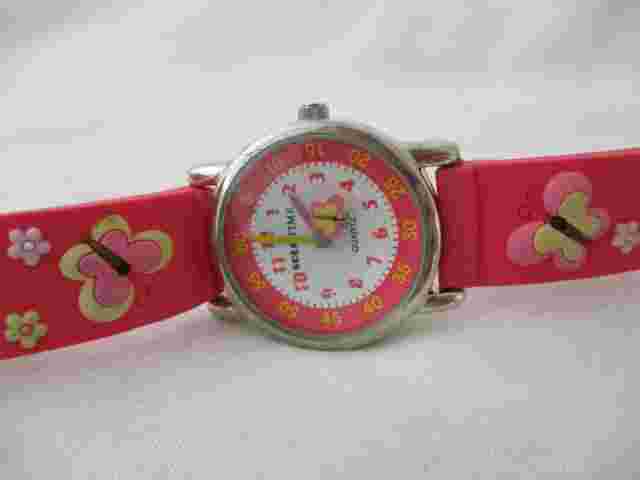 Solo Time Watch Pink Buckle Band Round White Face Silver Tone Butterflies Spring