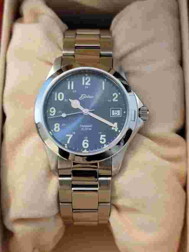 WORKING Vintage Belair Seapearl A9308 Blue Mens Stainless Steel Watch W/ Box