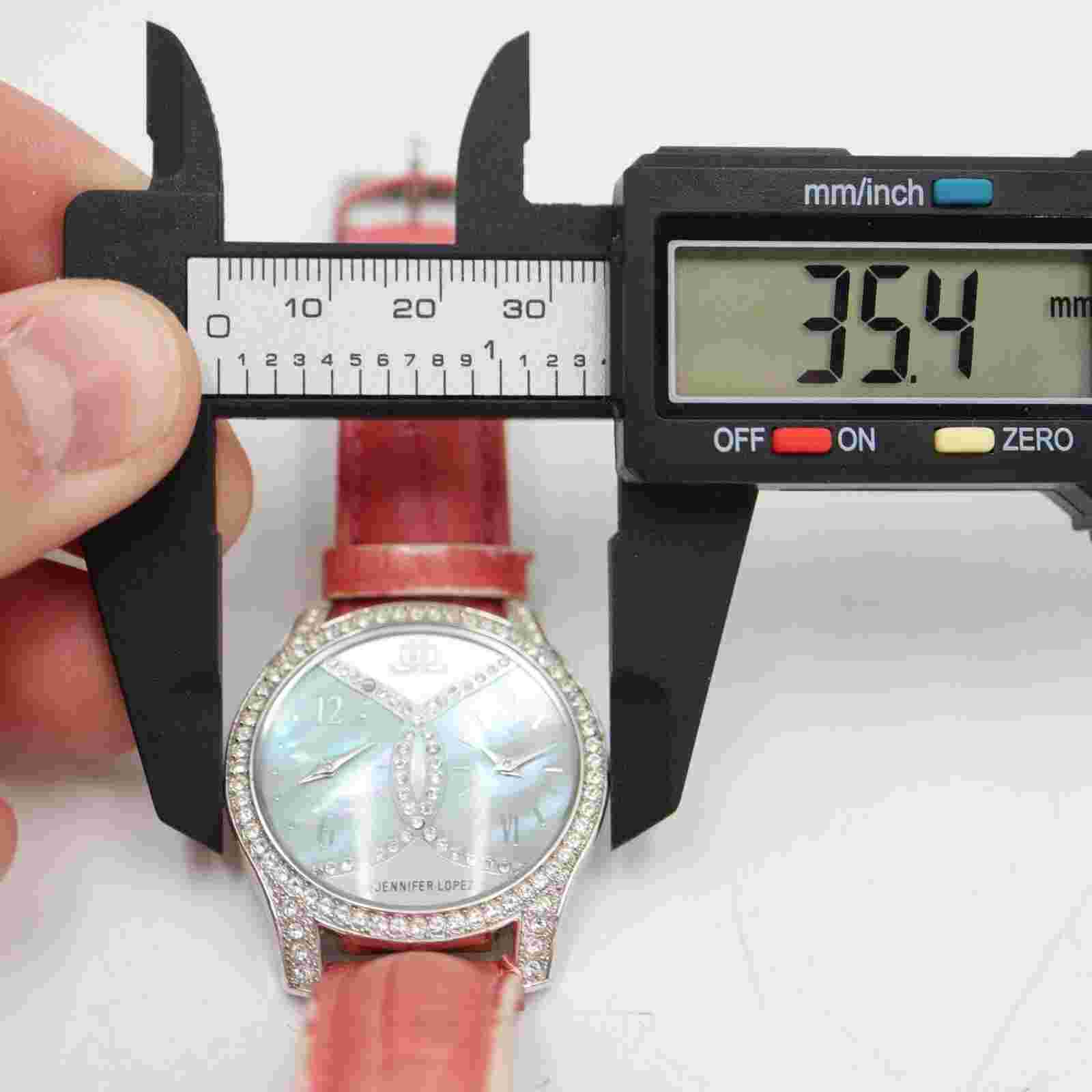 Jennifer Lopez Women's Dual Time Watch 36mm MOP Dial Gem Set Pink Leather JLO