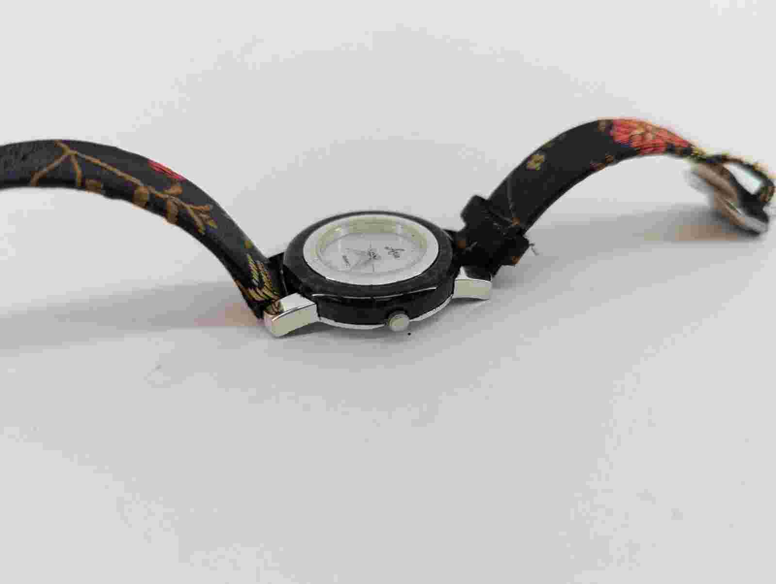 ARIA BLACK MARBLE STYLE Bezel, Black satin floral band stainless steel watch