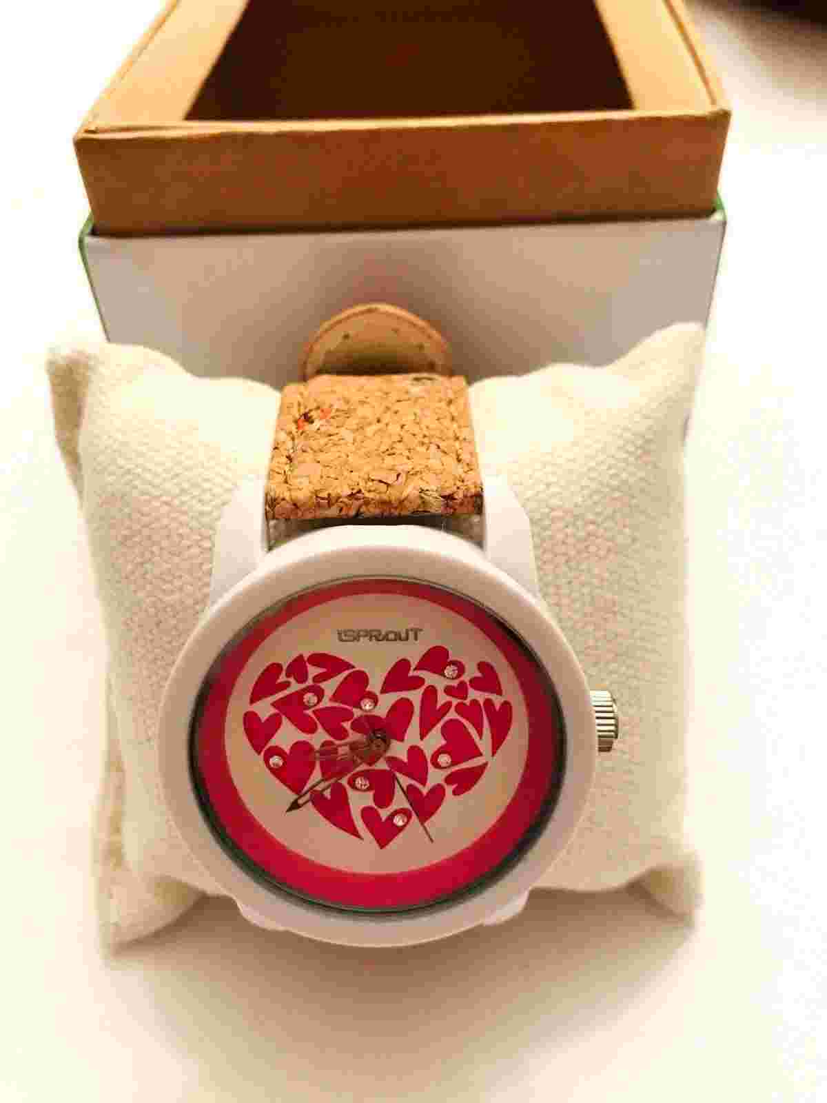 Sprout Eco-friendly Pink Hearts White Resin Case W Tan Cork Strap Valentines