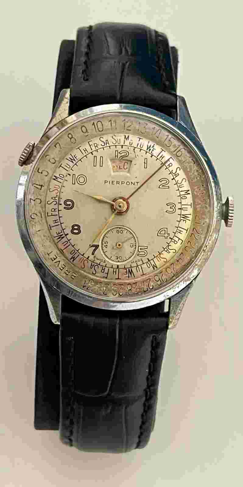 Vintage PIERPONT Calendar Watch Triple Date full calendar Swiss made Fond Acier