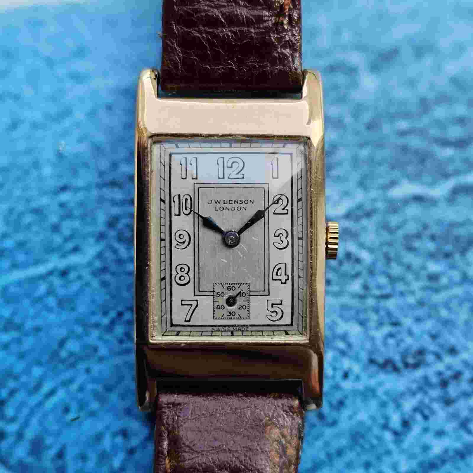Vintage 9k Solid Gold J W Benson Tank Men's Watch