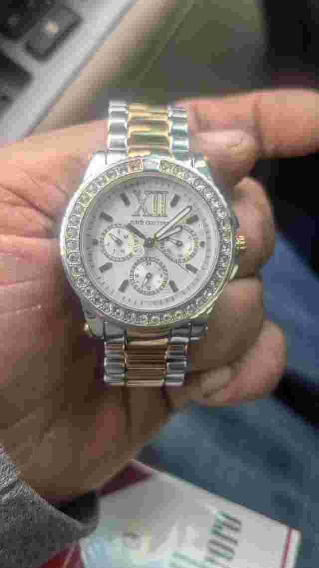 Juicy Couture Watch Women Silver Tone Pave Bling Dial Silicone Band New Battery