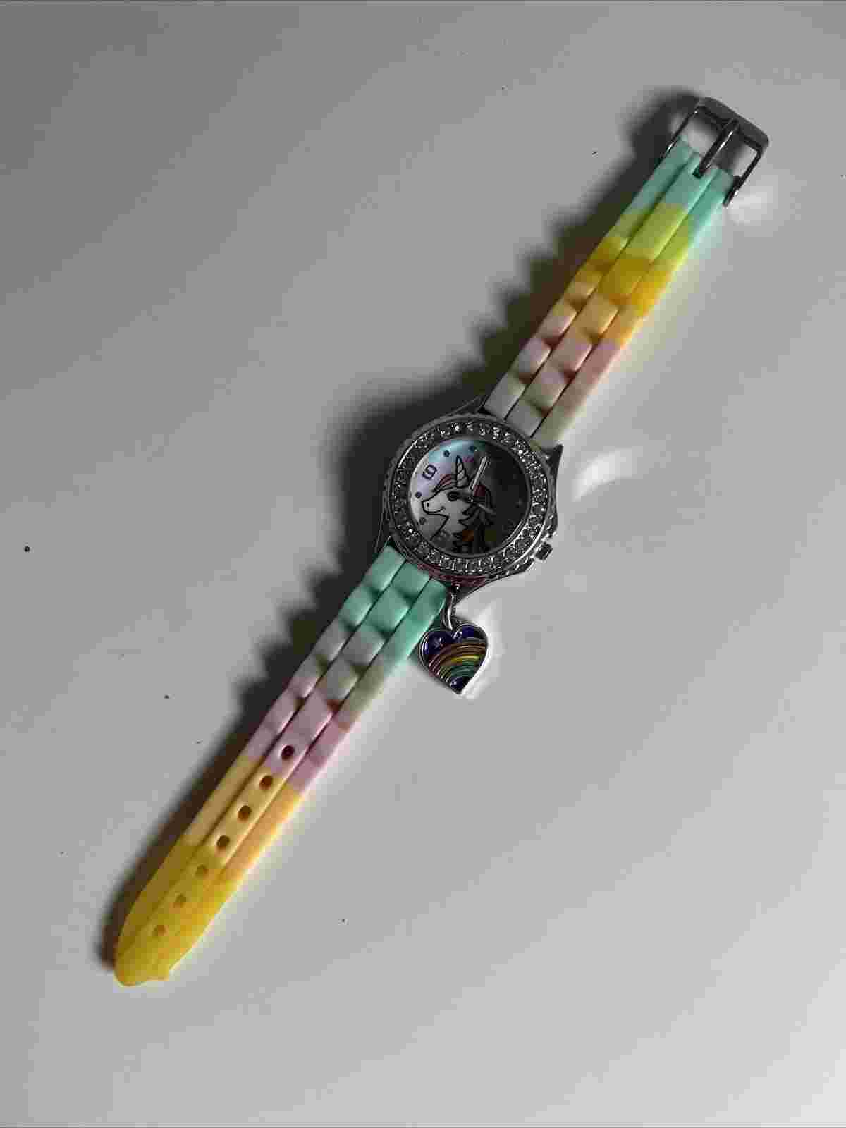 Limited Too Kids Unicorn Watch Works! Rhinestone Heart Charm Working Child Girl
