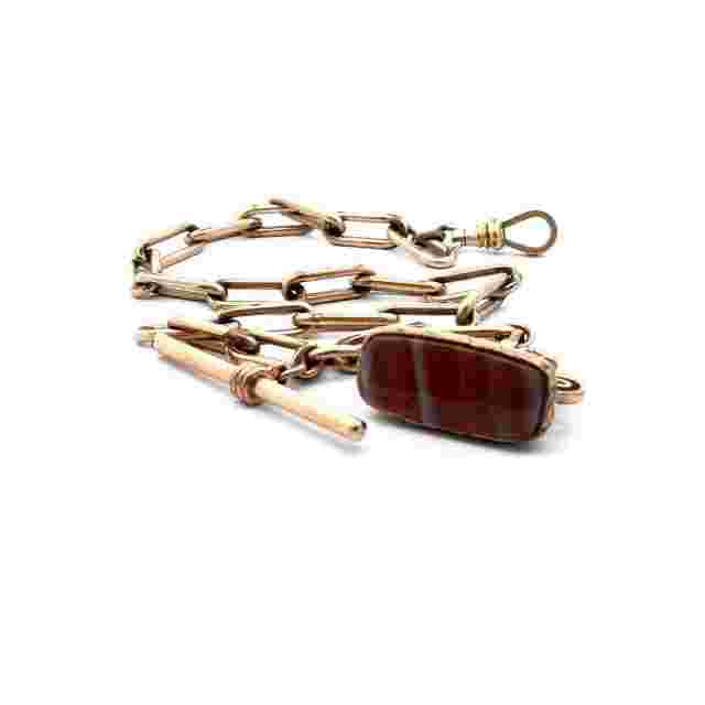 Antique Gold Filled Banded Agate Fob Pocket Watch Chain