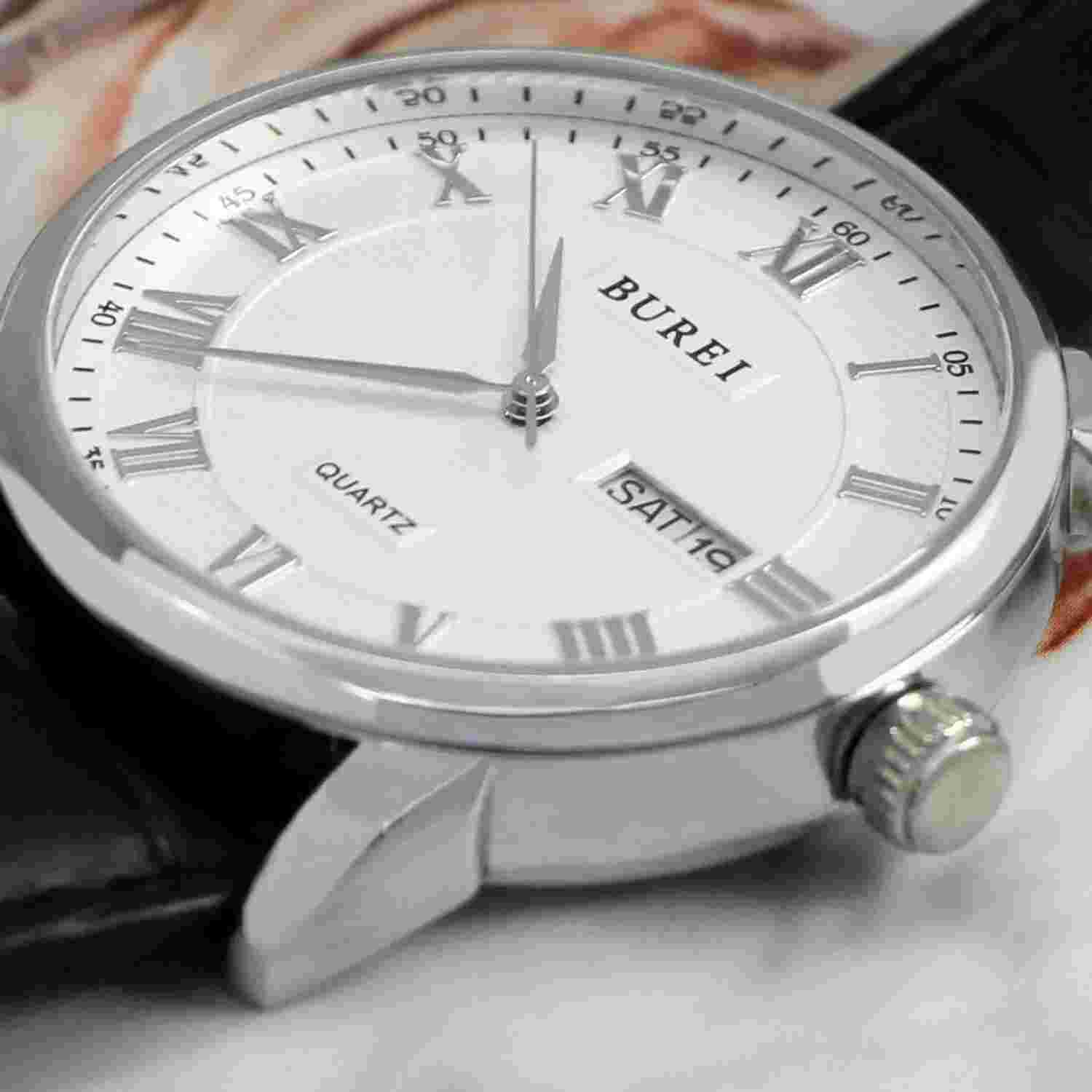 BUREI Men's Watch Black Leather Analog Roman Number SM-19001