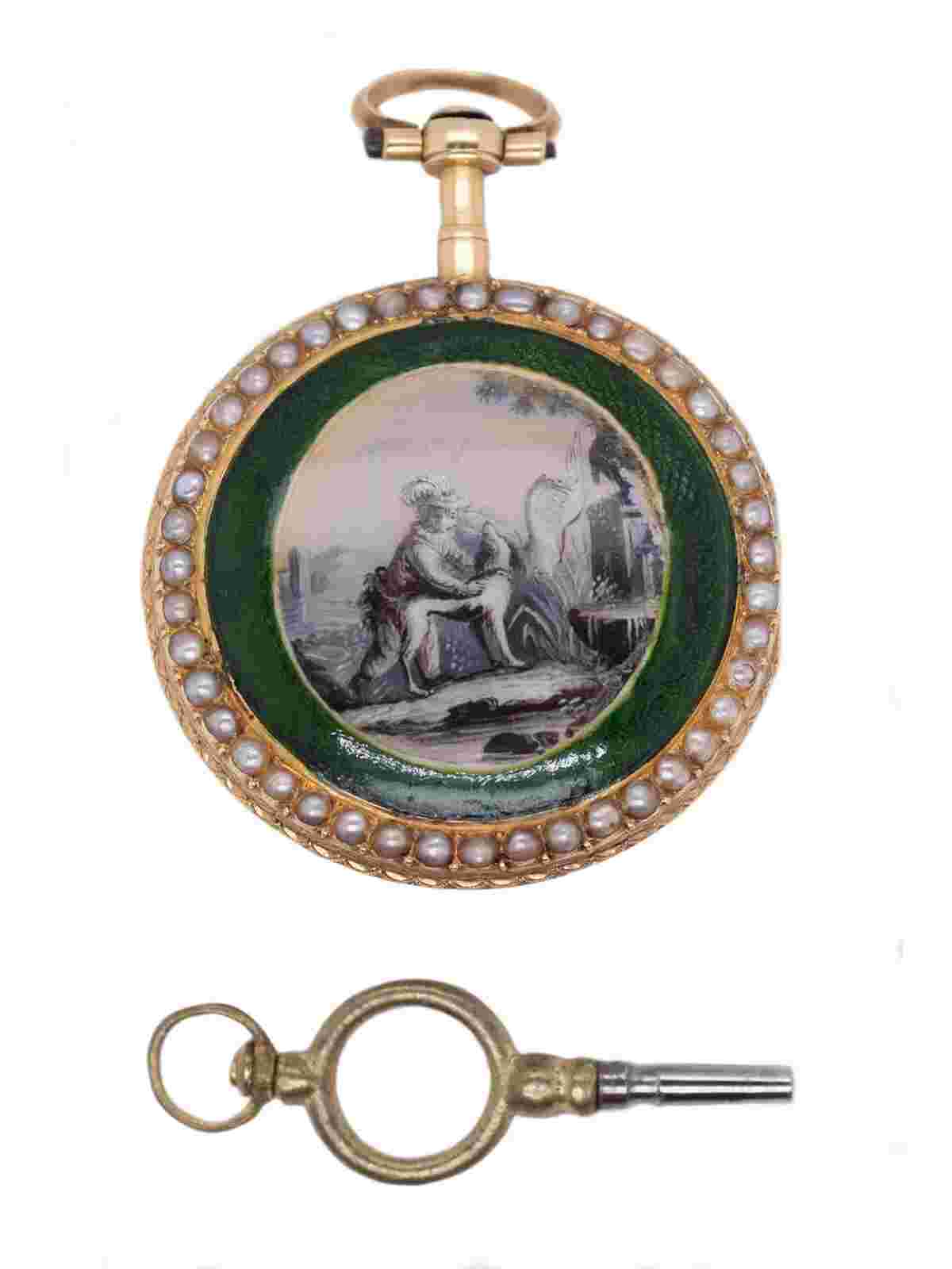 Le Roy, 18k YG, Openface, Fusse Key Wind Watch with Pearls & Enamel White 9431