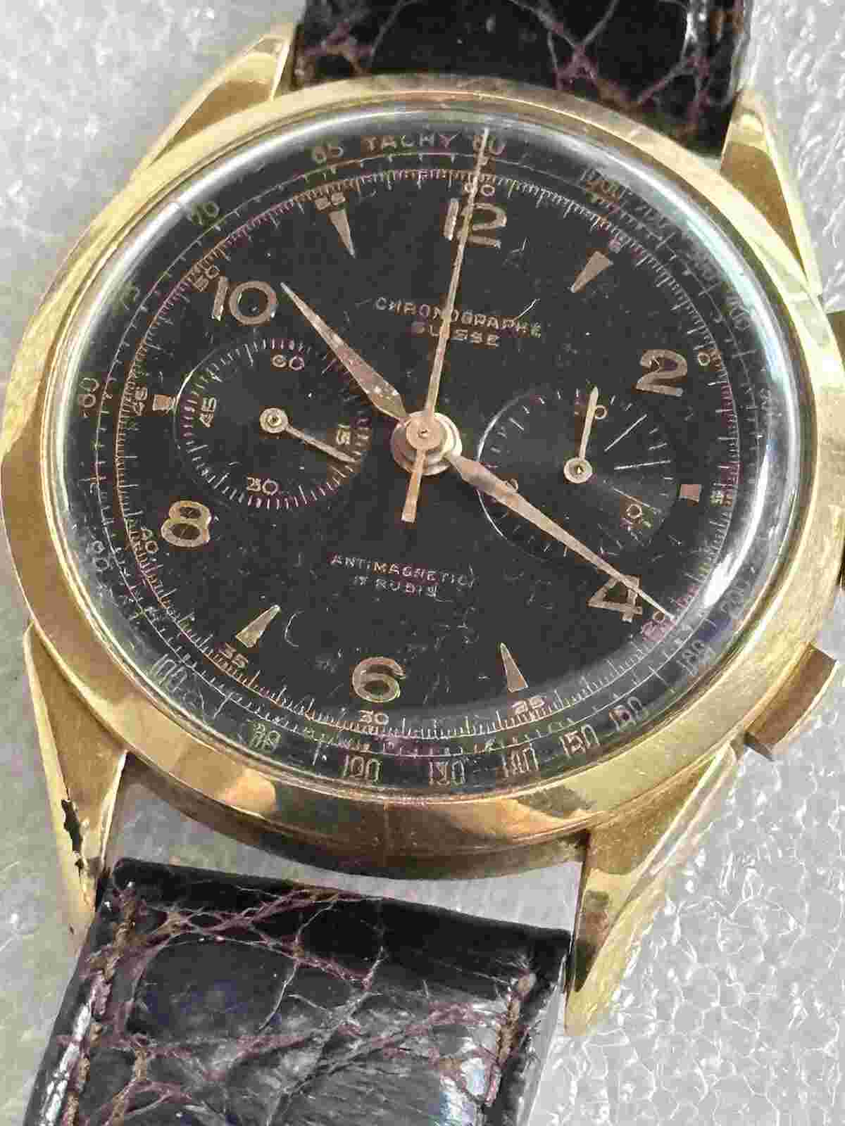 Vintage Chronographe Suisse 18K Gold Watch Brown Leather Band 17J Black Dial 37m
