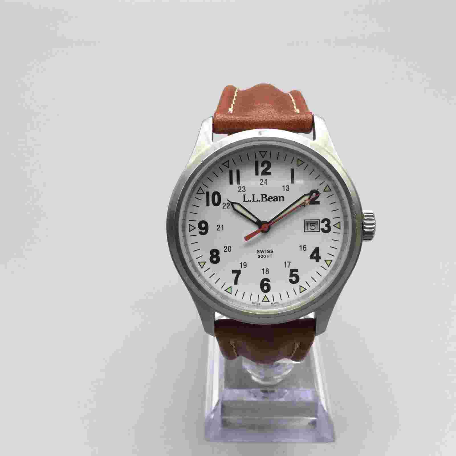 LL Bean Field Watch Watch Men 42mm Silver Tone Date Brown Leather New Battery
