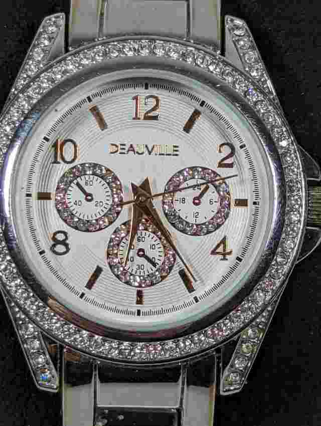 Deauville Crystal Accent Silver Tone Dial Round Case Stainless Steel Link Watch