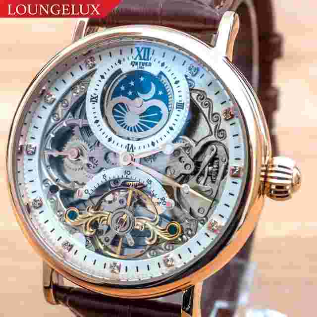 Mens Dual Time Flywheel Automatic Mechanical Watch Rose Gold White Dial Brown