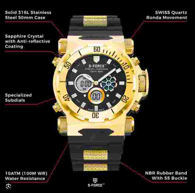 S-Force 50MM GOLD BLKFACE A Must-Have Watch Enthusiast Swiss Movement Rare Uniq