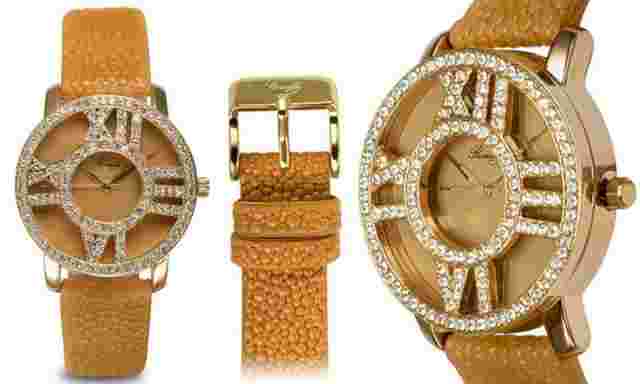 NEW Romilly 14015 Women's Sightseer Crystal Bezel Brown Yellow Gold Metal Watch