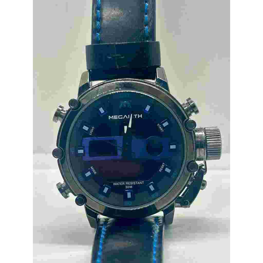 MEGALITH Genuine Leather Black Blue Military Stainless Steel Watch NEEDS BATTERY