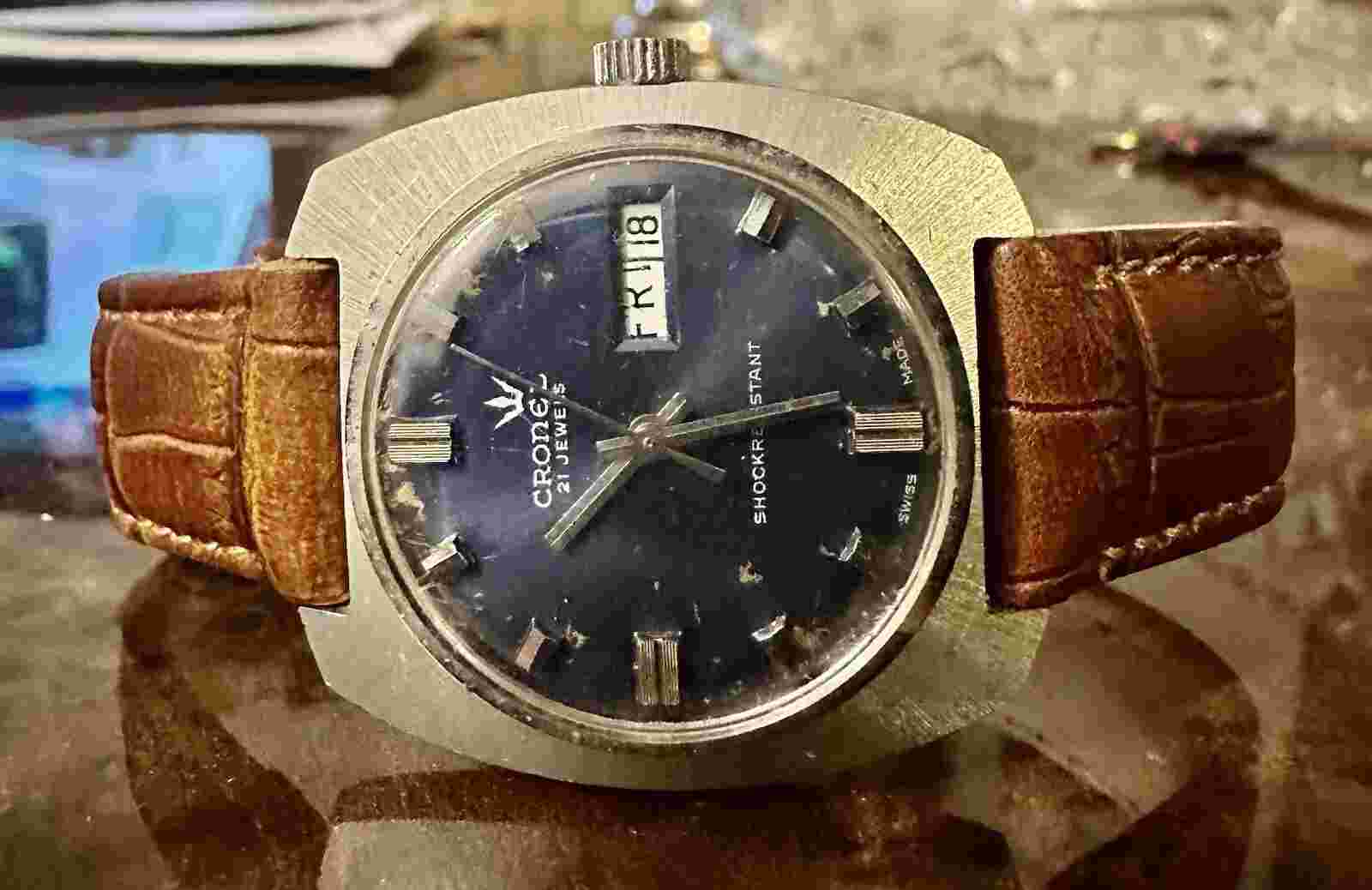 Vintage Cronel Rare Dark Blue 21 Jewels 36mm St.Steel Case Swiss Men’s Watch-GWO