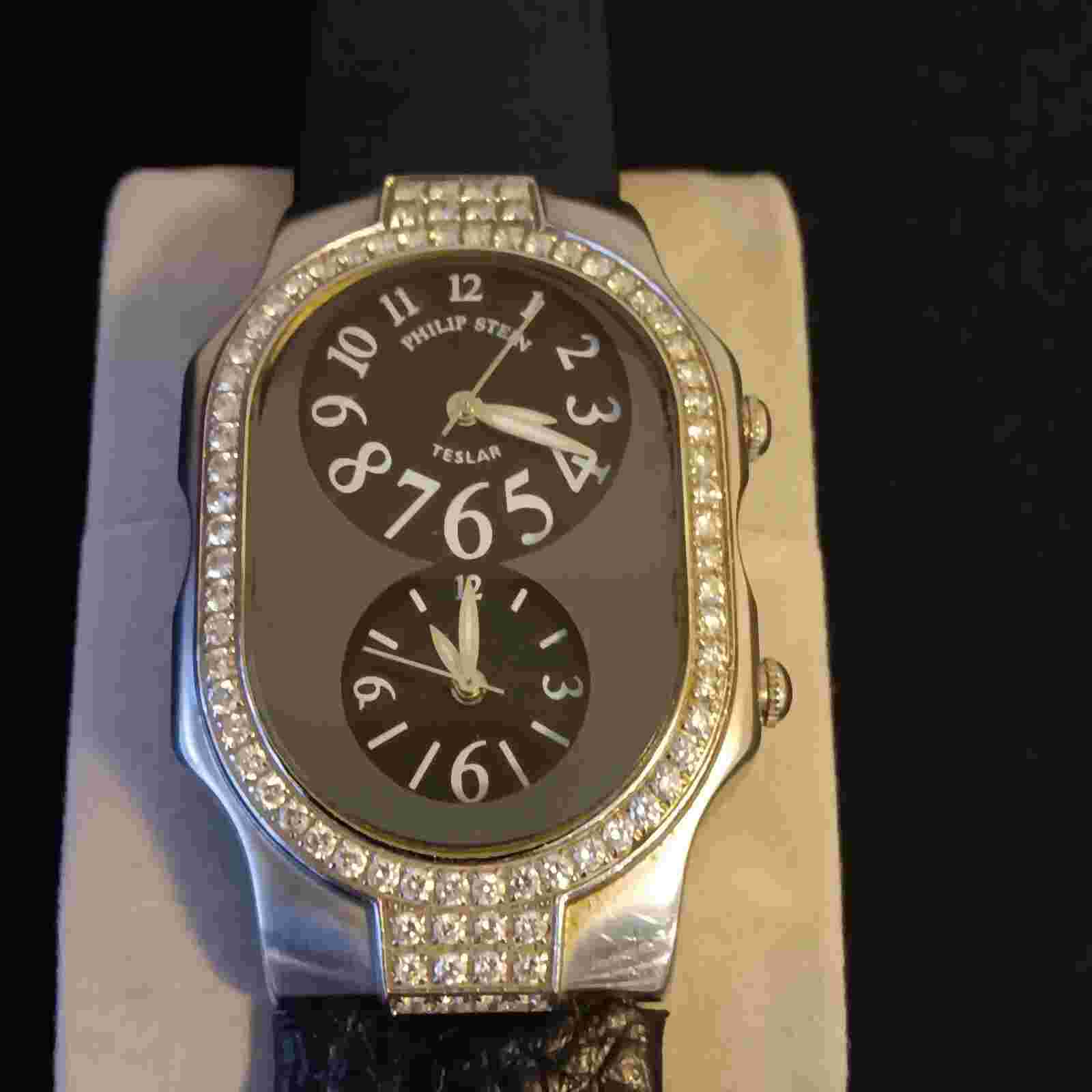 Philip Stein Men's Signature Diamond Large Dual Time Zone Quartz Teslar Watch