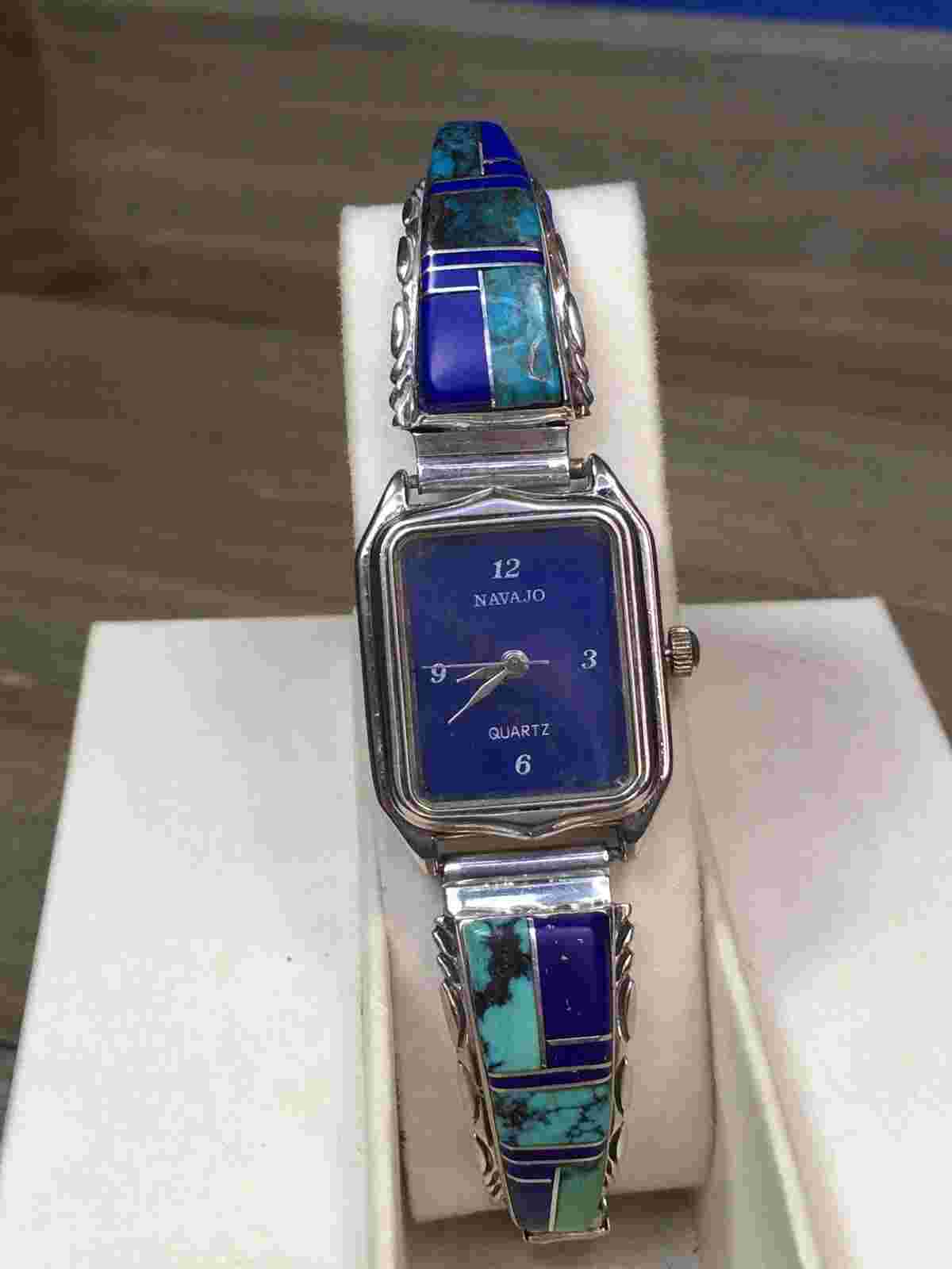 Vintage Zuni Inlay Native Turquoise Lapis Ladies Watch Sterling New Battery