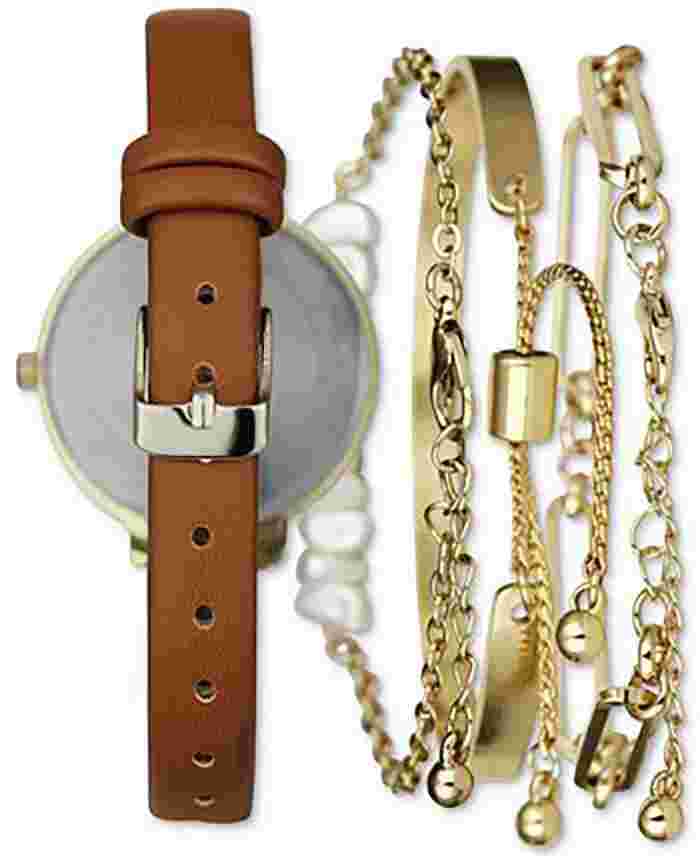 Women's Brown Faux-Leather Strap Watch 35mm & 3-Pc. Bracelet Set,
