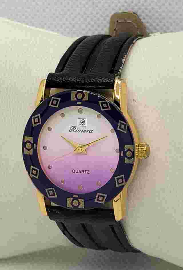 Ladies Riviera Round Gold Tone Black Faux Leather Bracelet Analog Watch G1