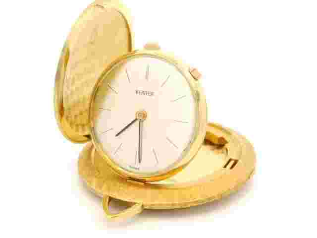 Vintage Collectible Meister 18k Gold Florentine Hammered Finish Desk Coin Watch