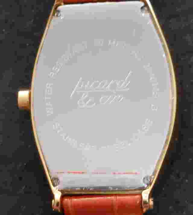 Picard & Cie Three Hand Date Watch 797-842 Roman Numeral Gold Case Leather Strap