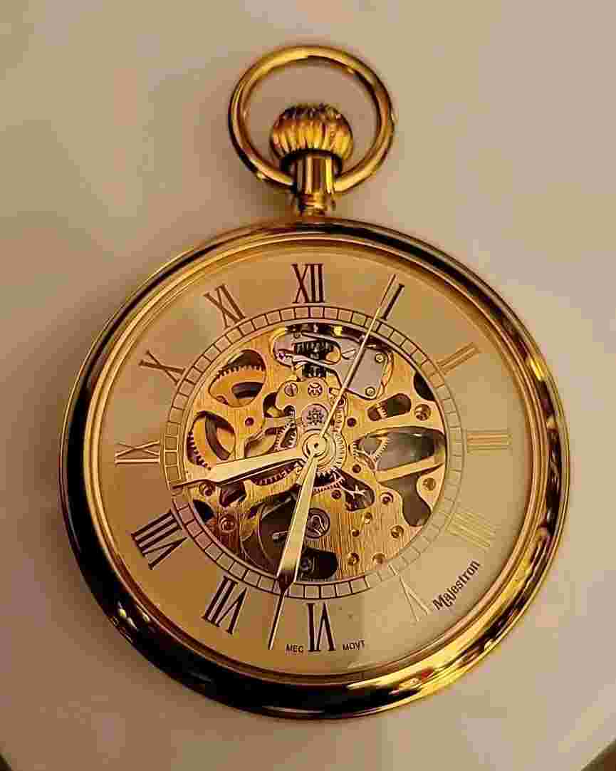 Large Majestron Gold Tone Skeleton Hunter Case 17j, 24s Pocket Watch