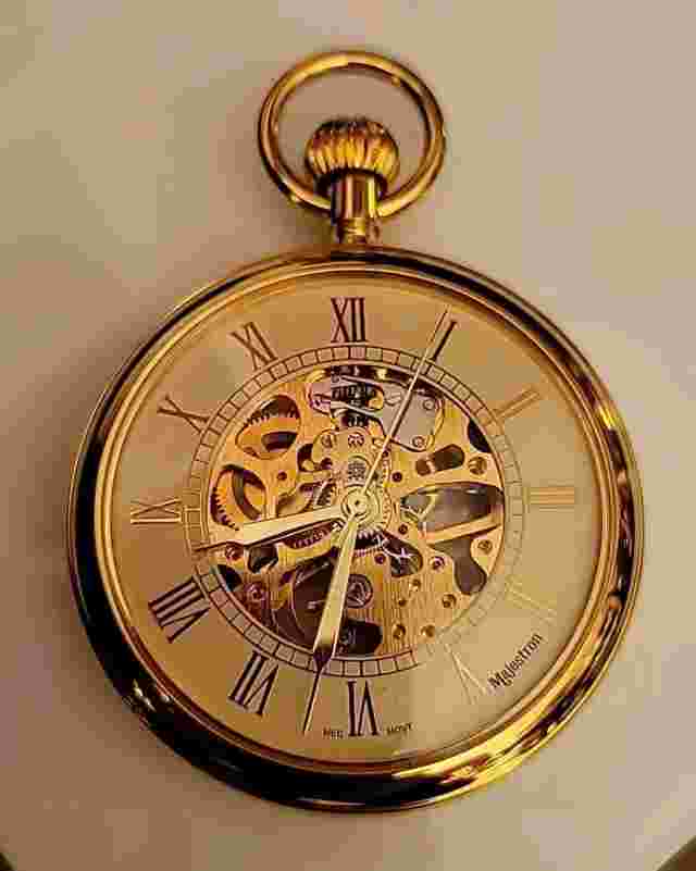 Large Majestron Gold Tone Skeleton Hunter Case 17j, 24s Pocket Watch