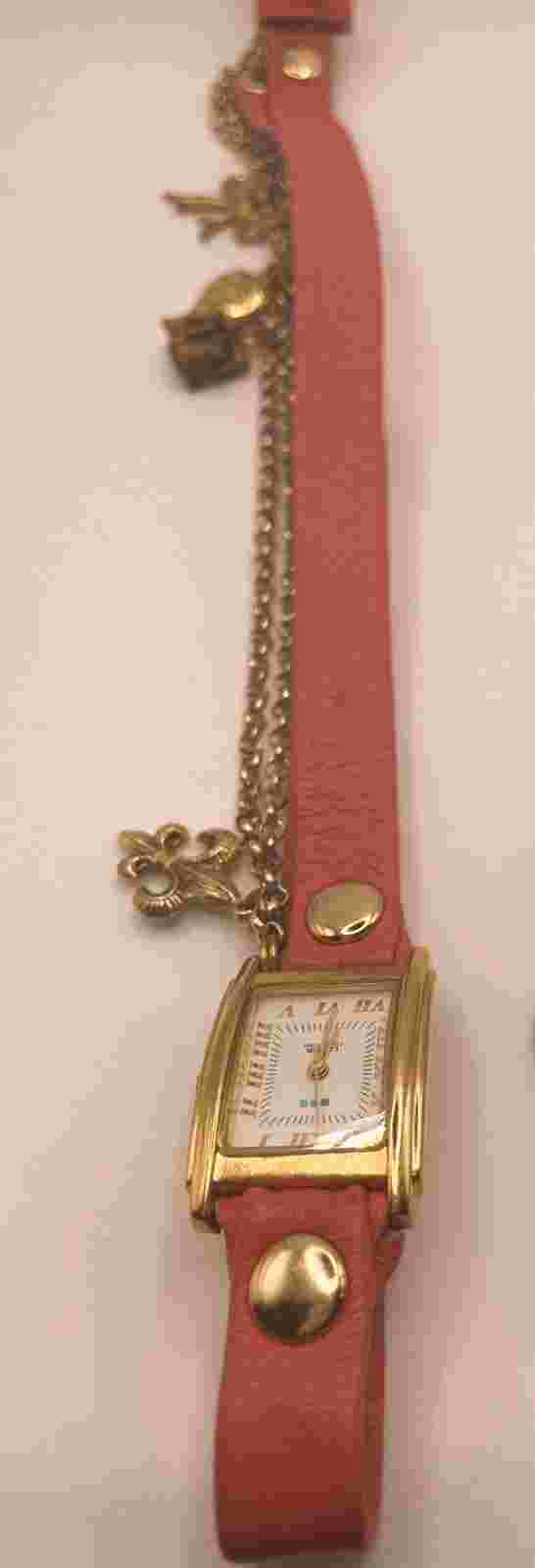 La Mer Wrist Watch Pink Band With Gold Flor De Lis Heart Charms Extra Long Band