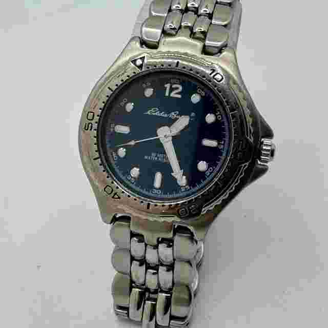 Eddie Bauer Quartz Watch Men Silver Blue Rotating Bezel Analog New Battery 7.5"