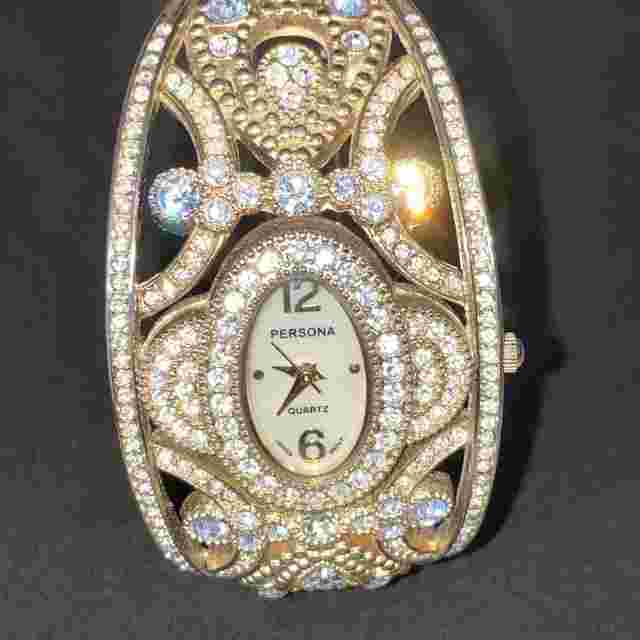 Persona Pearl Dial Gold Tone Rhinestone Covered Cuff Bracelet Watch WWBR - 16