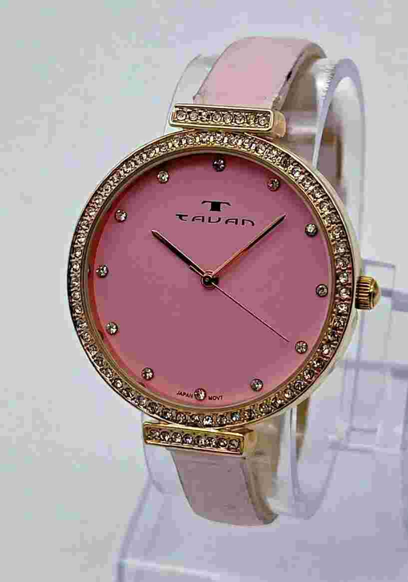 Ladies TAVAN Dori Rose Gold Tone, Crystal Accents, Pink Leather Watch, 10032