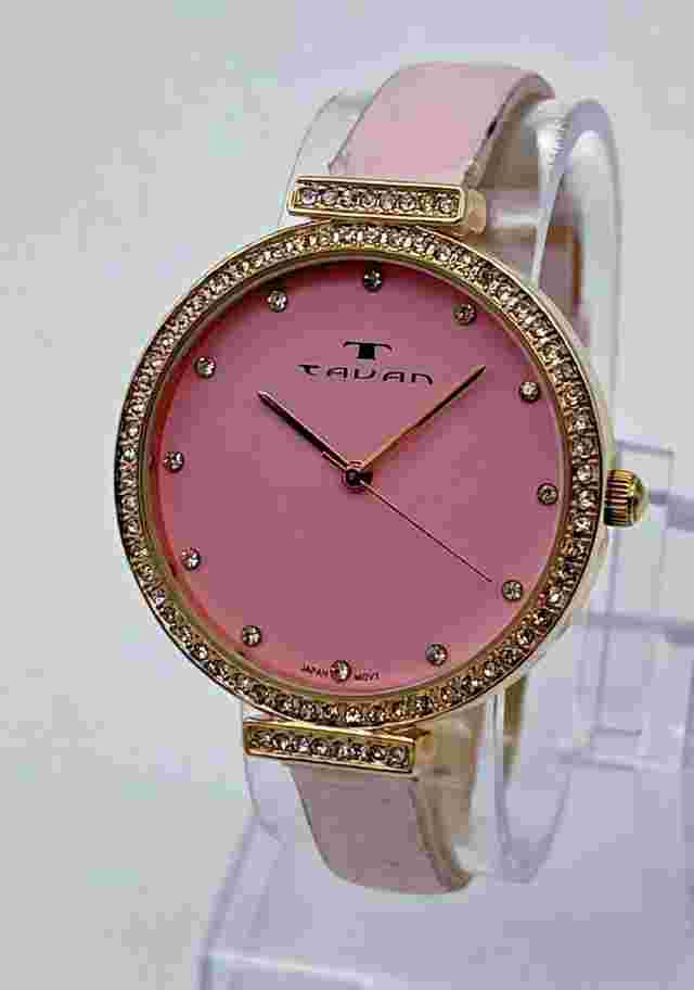 Ladies TAVAN Dori Rose Gold Tone, Crystal Accents, Pink Leather Watch, 10032