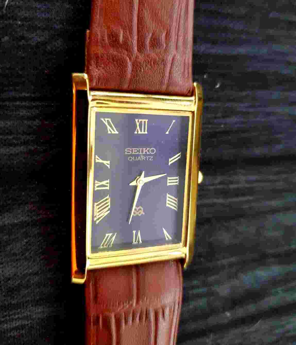 NOS Men's Gold Tank Rectangular Blue Dial Brown Leather New Mvt & Batt *
