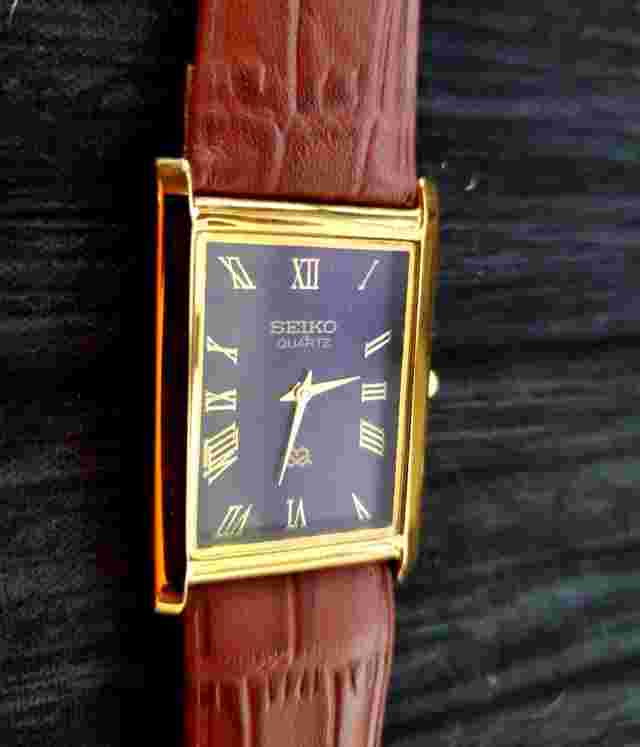 NOS Men's Gold Tank Rectangular Blue Dial Brown Leather New Mvt & Batt *