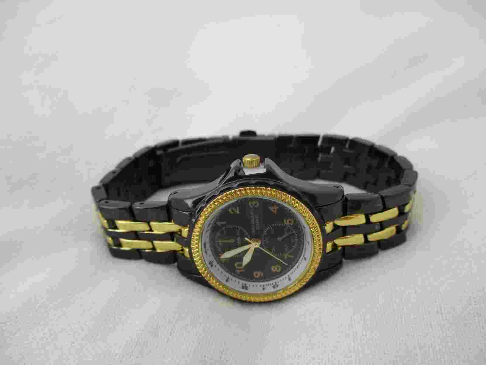 Gino Milano Wristwatch Black & Gold Toned Stainless Steel Band Round Face